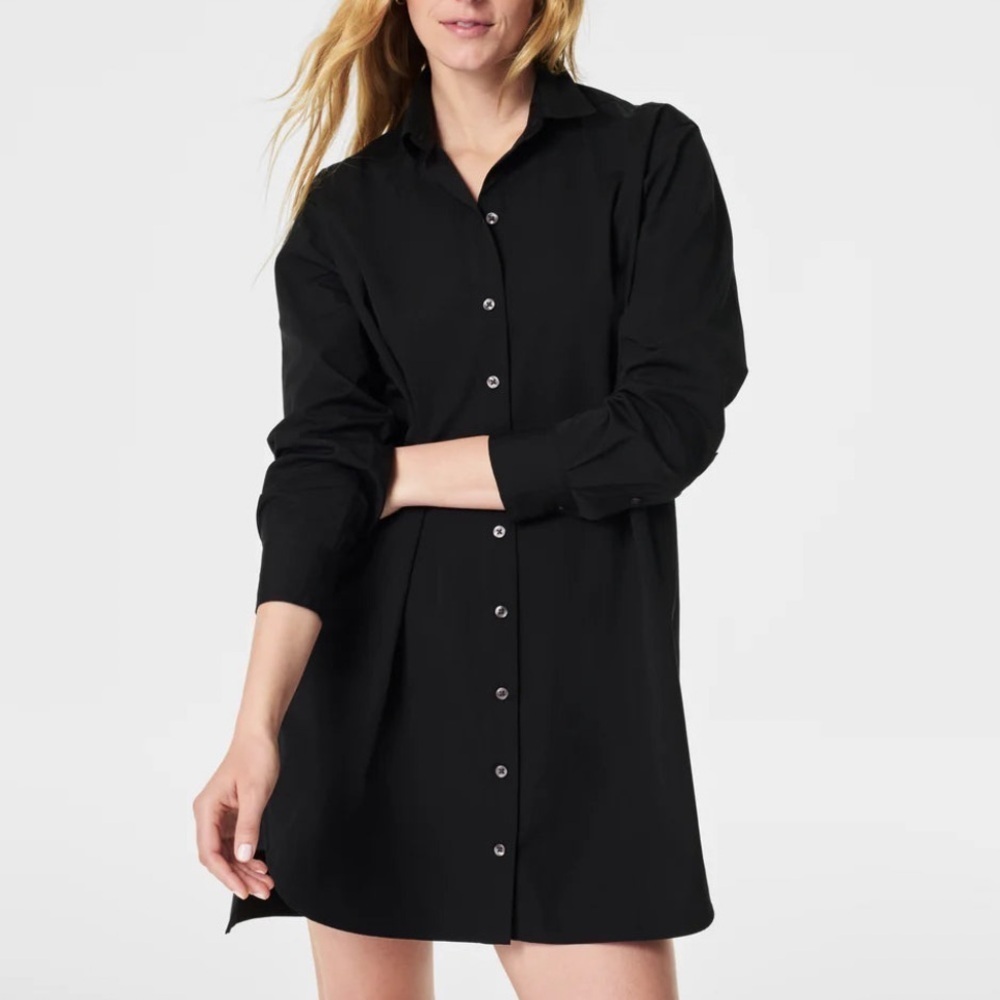 Spanx womens Black 100% cotton poplin long sleeve shirt Dress Small